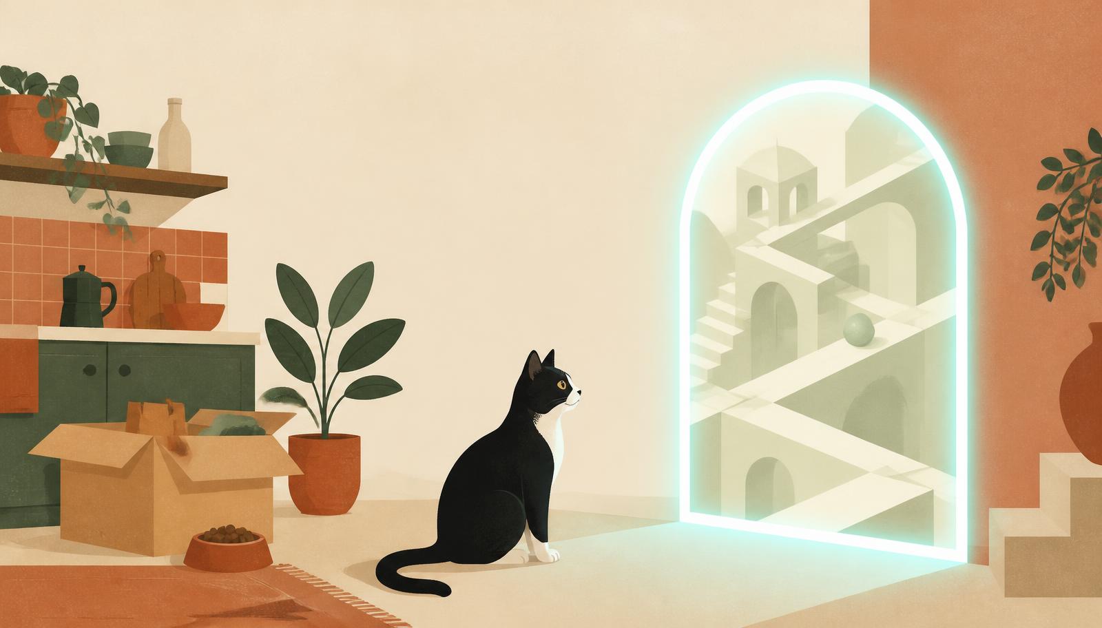 A tuxedo cat in a warm kitchen, looking into a glowing arch that opens onto impossible pale architecture